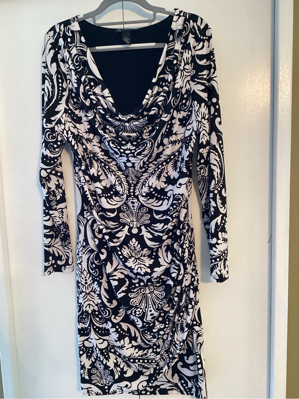 INC International Concepts Black & White Long Sleeve Cowl Neck Dress